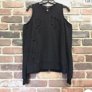 Evereve Jamison Black Cold Shoulder Sweatshirt distressed size small